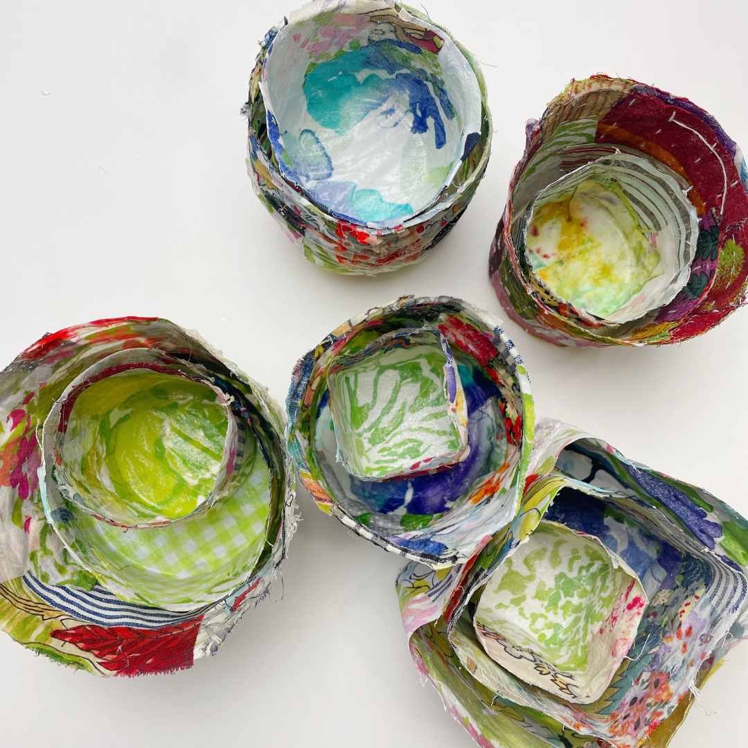 Handmade Scrappy fabric bowls by Kristin Peterson