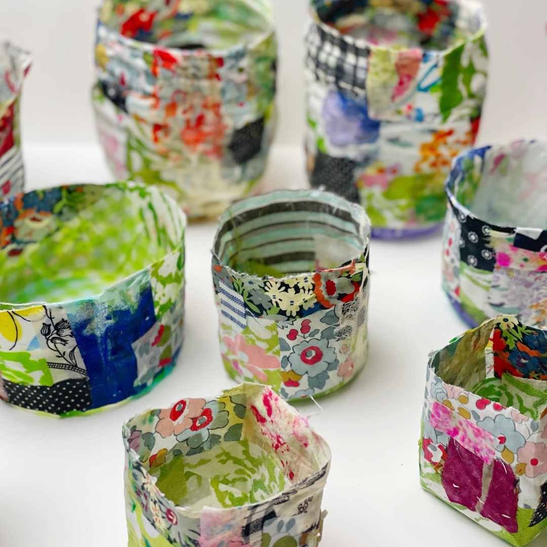 Handmade Scrappy fabric bowls by Kristin Peterson
