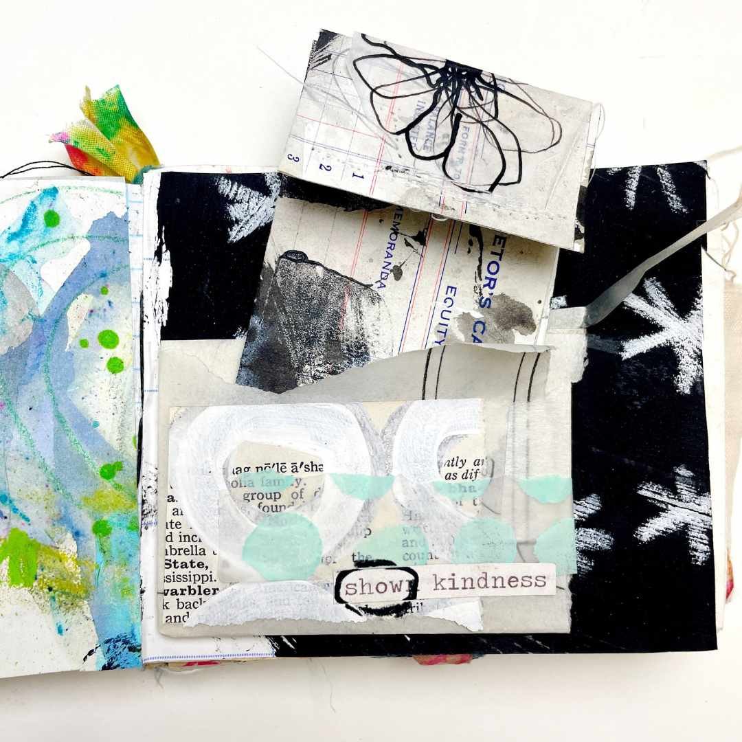 Blue and green art journal page spread