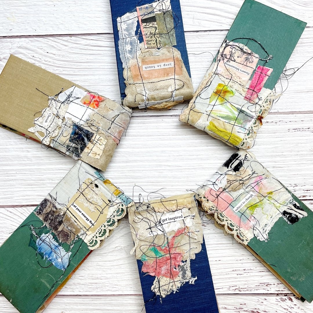 &quot;Handmade books are like hidden treasures waiting to be discovered. Each one holds a world of possibilities, limited only by the imagination of its creator.&quot;

Several of my Skinny Mini Journals. 💕 The process of making these brings me so m