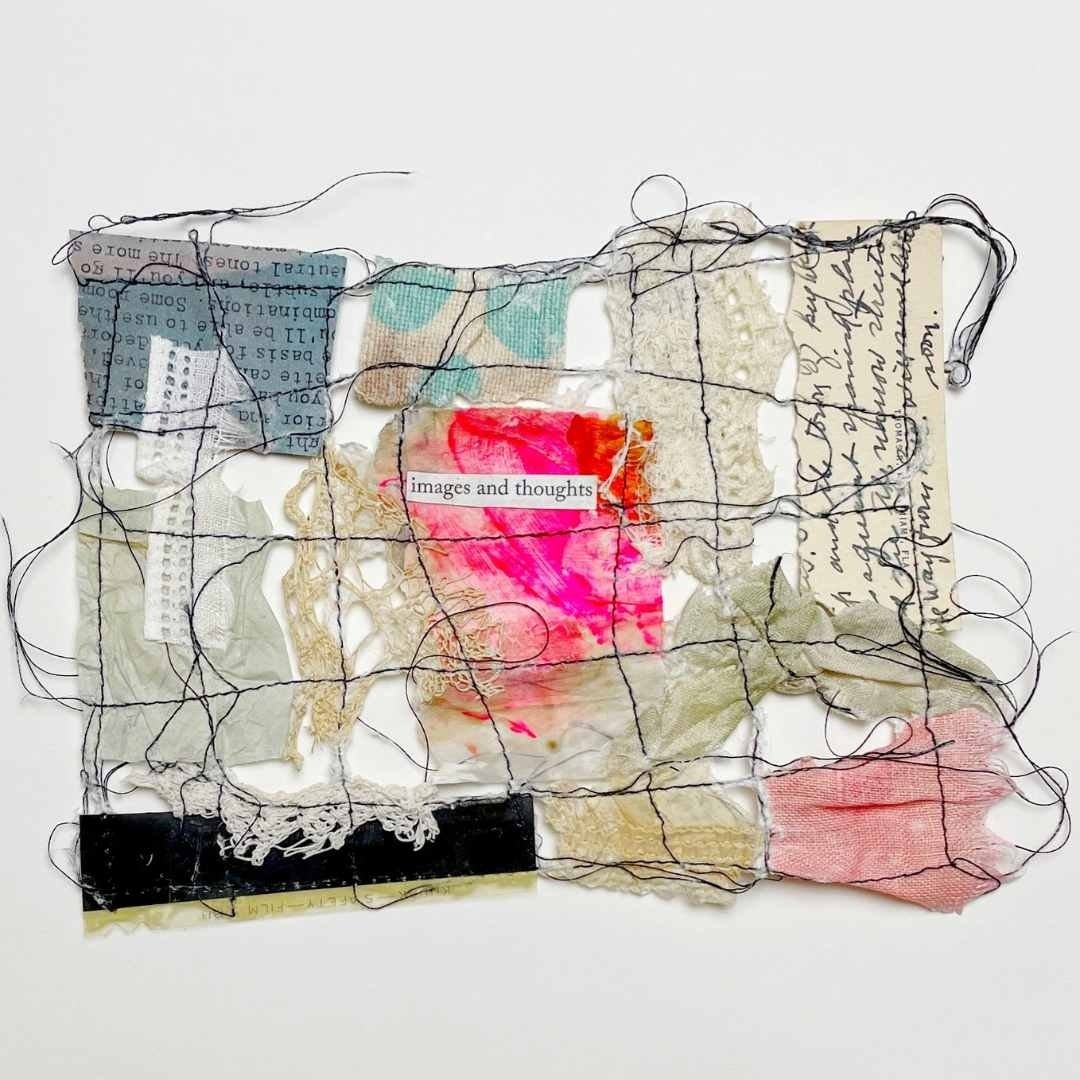 Day 82 - &quot;Images and Thoughts&quot; The 100 Day Project 2024

#100daysofwishingthreads: A collection of found words, fabric, paper, lace and other elements stitched into a textured collages.

#fabric #thread #textiles #handmadelife #artistsatwor