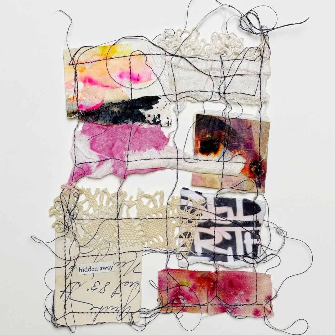 Day 83 - &quot;Hidden Away&quot; The 100 Day Project 2024

#100daysofwishingthreads: A collection of found words, fabric, paper, lace and other elements stitched into a textured collages.

#fabric #thread #textiles #handmadelife #artistsatwork #artpr