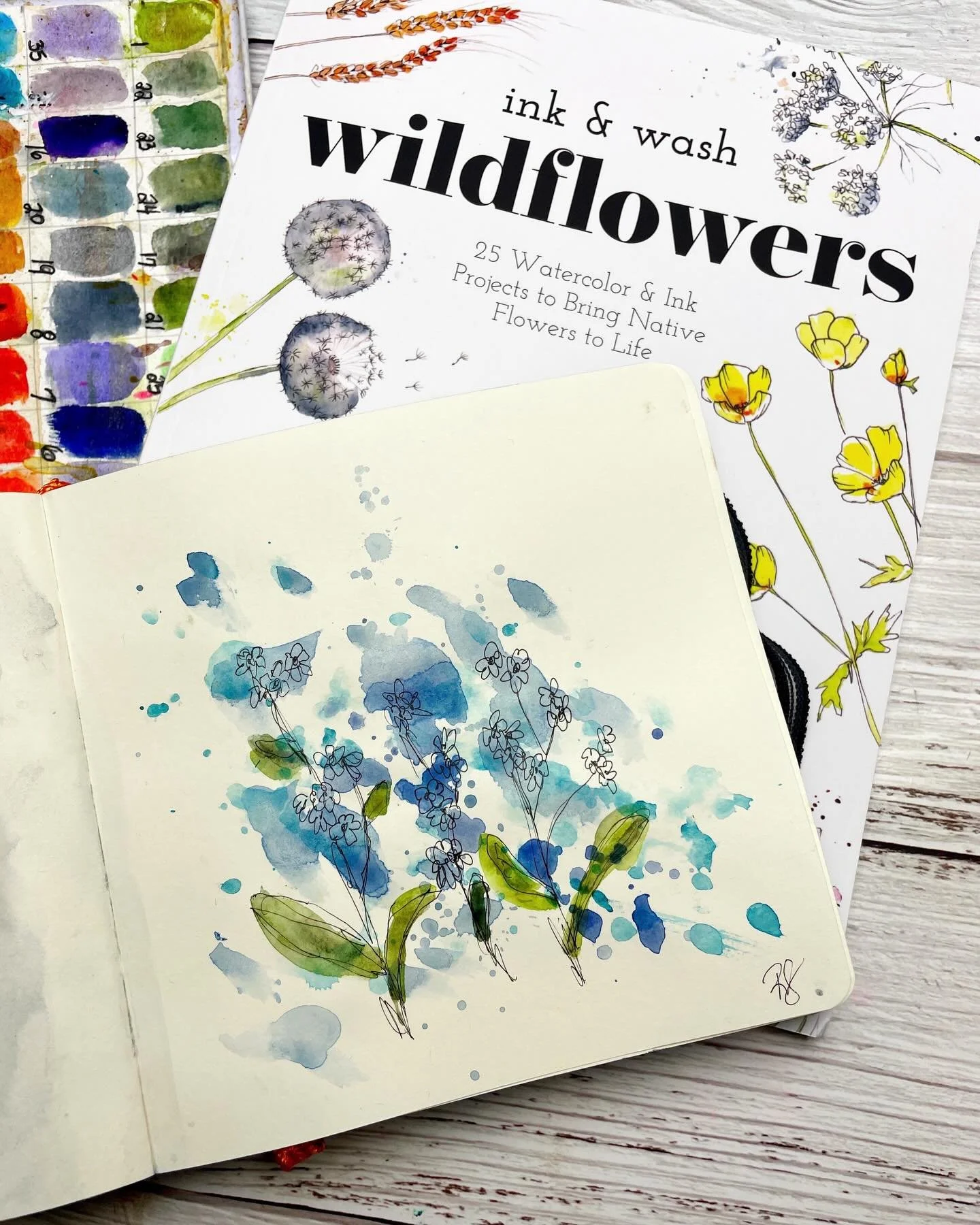 A little peek at what I&rsquo;ve been creating from Ink &amp; Wash Wildflowers by Camilla Damsbo Brix. 🌸✨ @camilla_damsbo_art
⠀⠀⠀⠀⠀⠀⠀⠀⠀
For this piece, I followed her &ldquo;Forget-Me-Not&rdquo; lesson, and her directions honestly made me smile. She