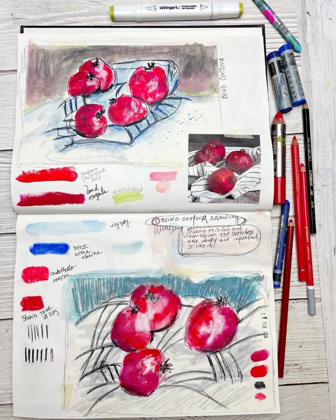 Yay!  We&rsquo;re now a week into The 100 Day Project. 🎉 These sketches are of pomegranates &ldquo;disguised as tomatoes&rdquo; and I did this following along with @viola.artstudio during a live sketching session.  Check out her Patreon where she sh