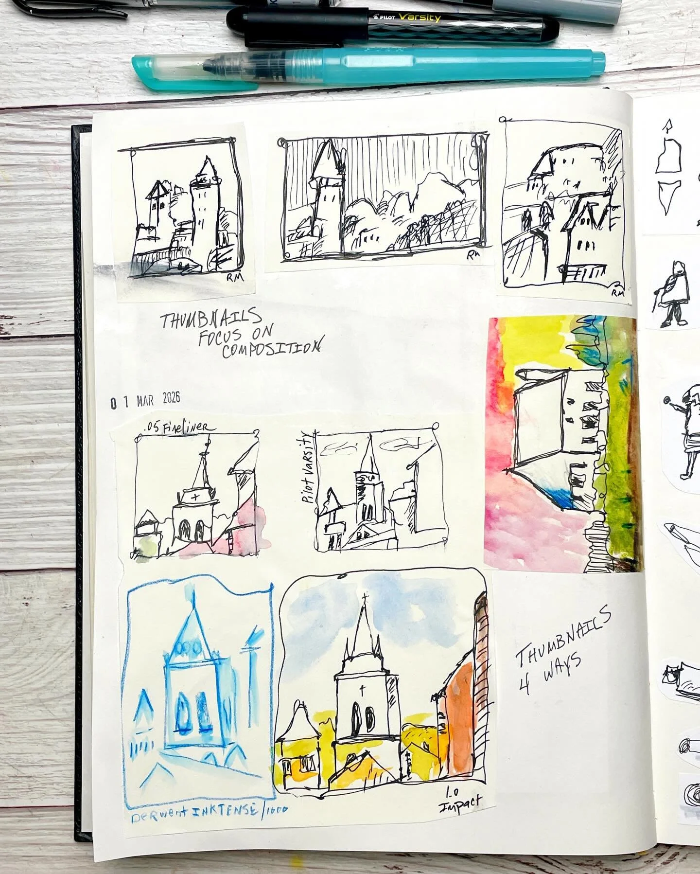 These are from a Skillshare lesson: Thumbnail Sketching: Improve Your Art by Thinking Small with Toby Haseler @tobysketchloose

The focus was on composition...quick, small studies before committing to anything bigger. And honestly? I found them so fr