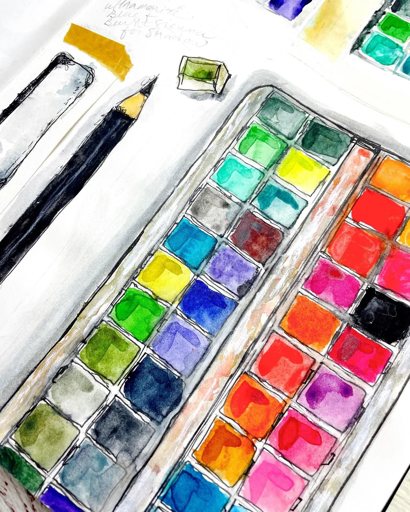 Sketching what&rsquo;s right in front of me today &mdash; my watercolor palette and a few studio odds and ends.

I experimented a little with paper too. Watercolor paper definitely gives better results&hellip;but honestly, I still love my cheap sketc