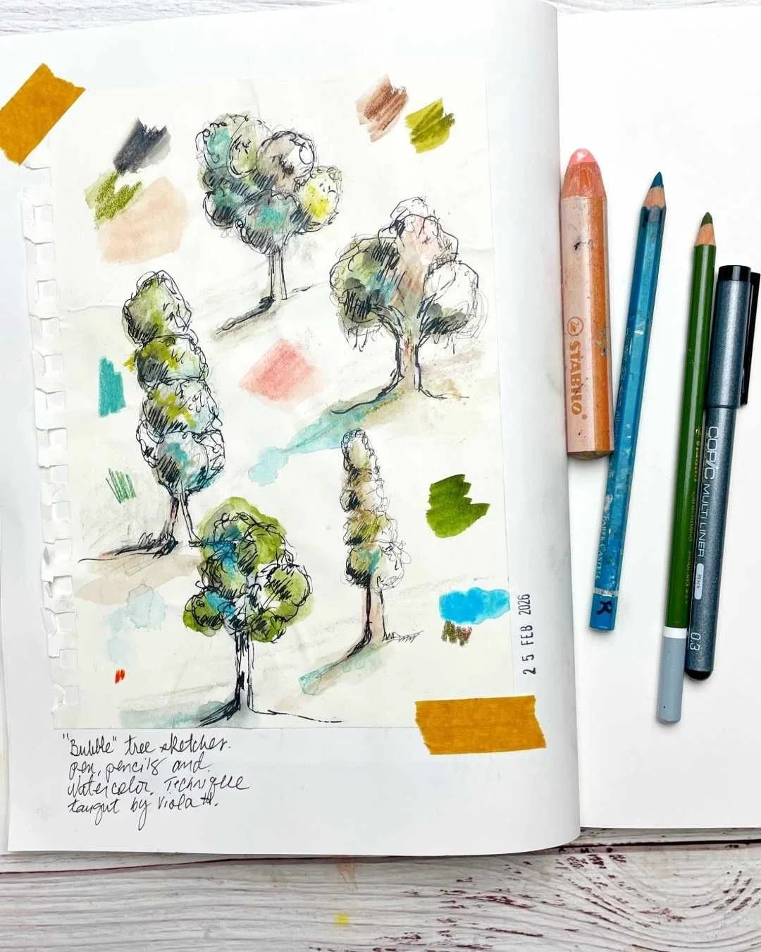 Loose Tree Sketches with Pen, Pencil, and Watercolor