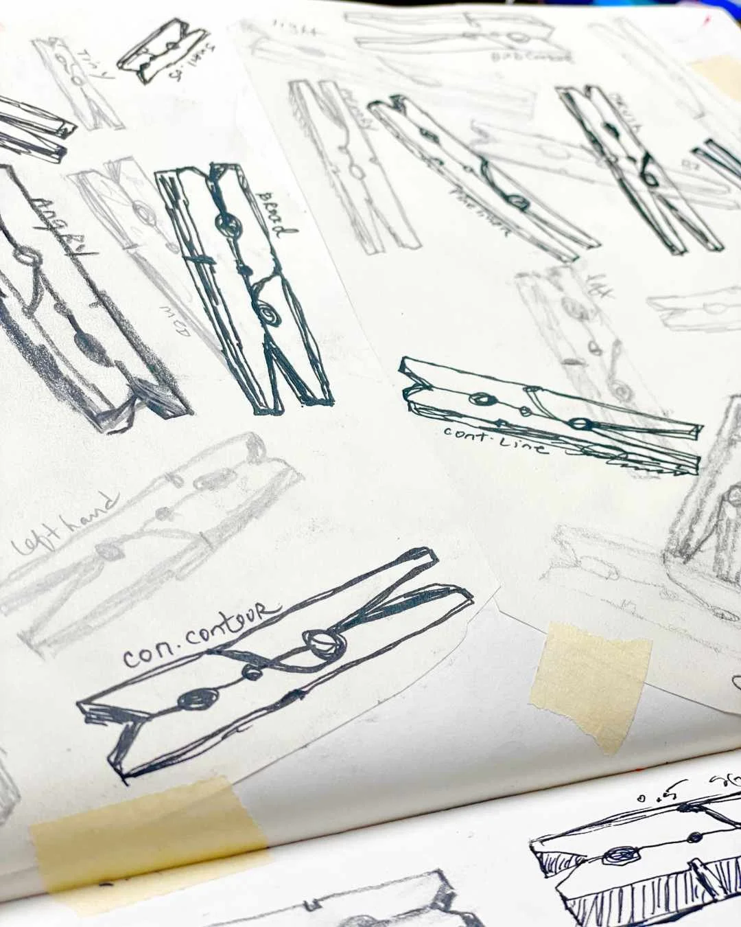 Clothespin Sketch Studies Using Different Pens and Pencils
