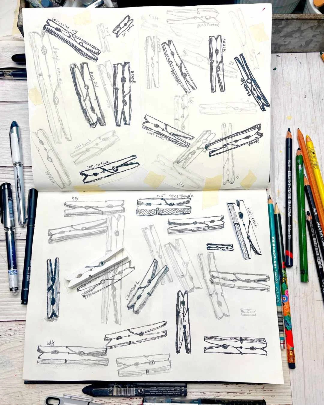 Clothespin Sketch Studies Using Different Pens and Pencils
