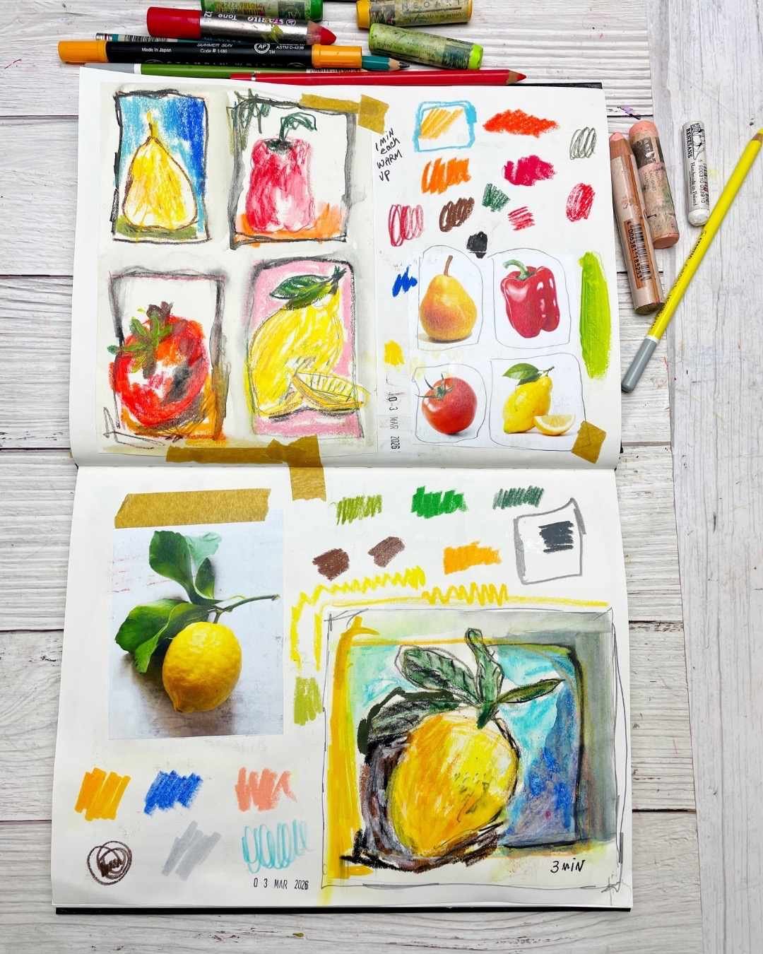 Fruit Sketch Studies with Oil Pastel, Pencil, and Watercolor