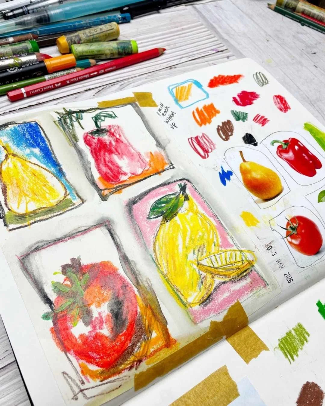 Fruit Sketch Studies with Oil Pastel, Pencil, and Watercolor
