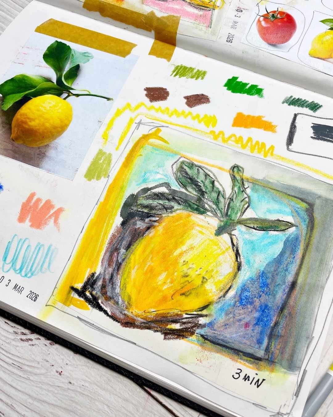 Fruit Sketch Studies with Oil Pastel, Pencil, and Watercolor