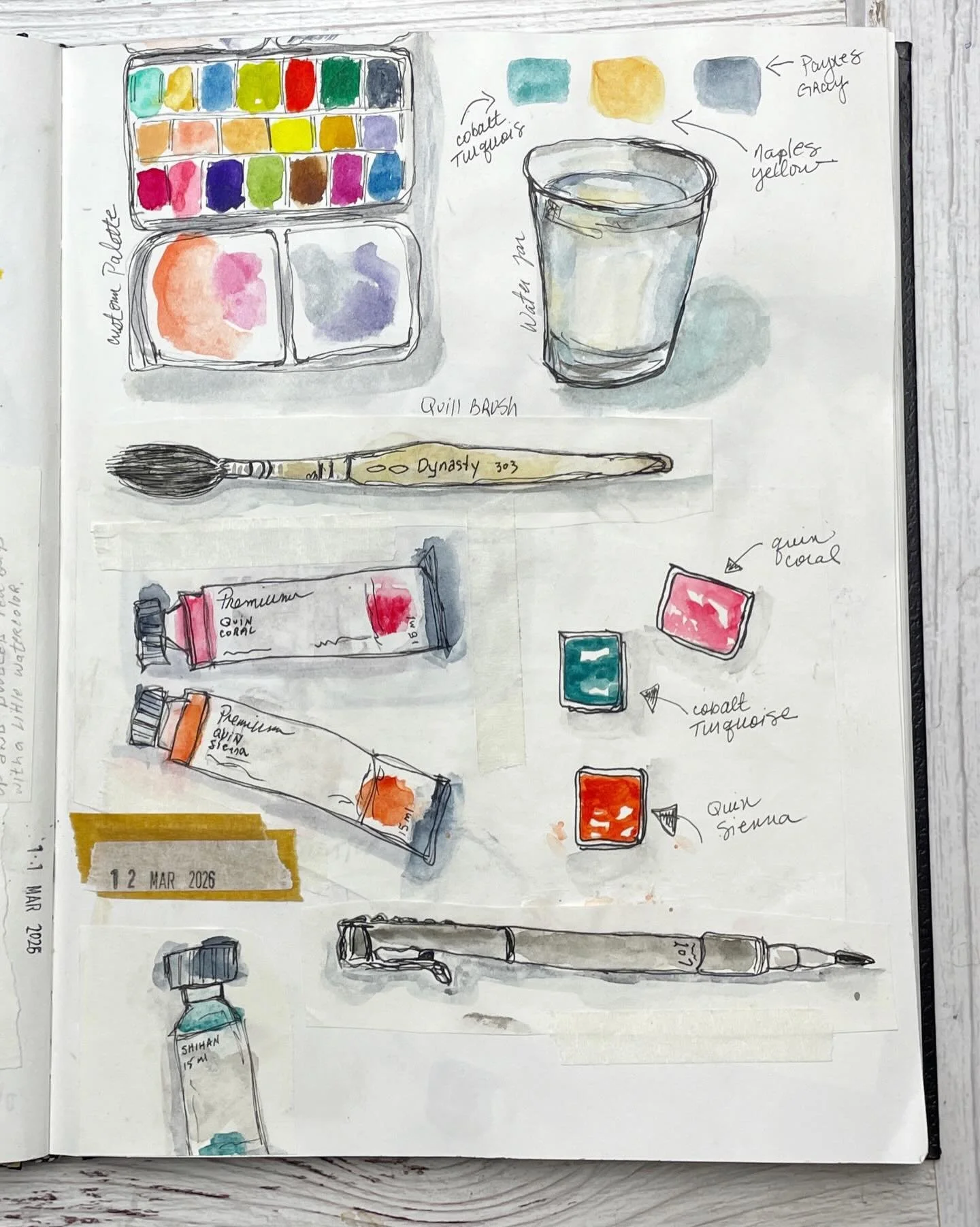 Sketching art supplies today...watercolor palette, paint tubes, brush, pen and water jar.

Day 19: 100 Days of Creative Drifting: a Sketching Practice #dothe100dayproject