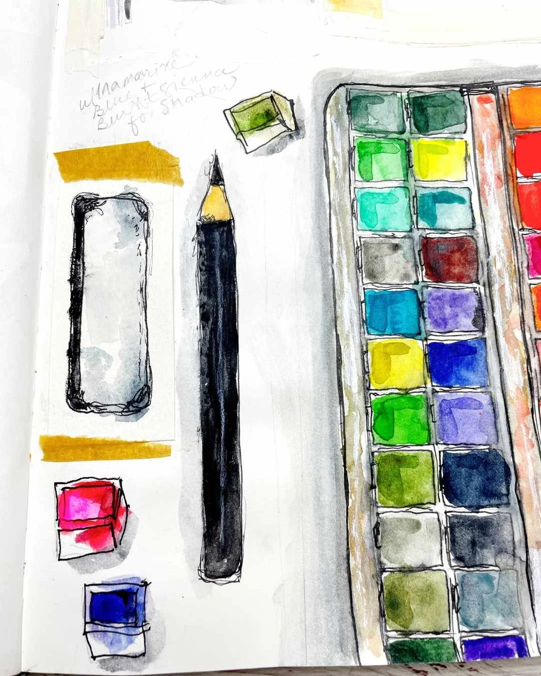 Watercolor Palette And Pencil Sketch Study In Bright Colors