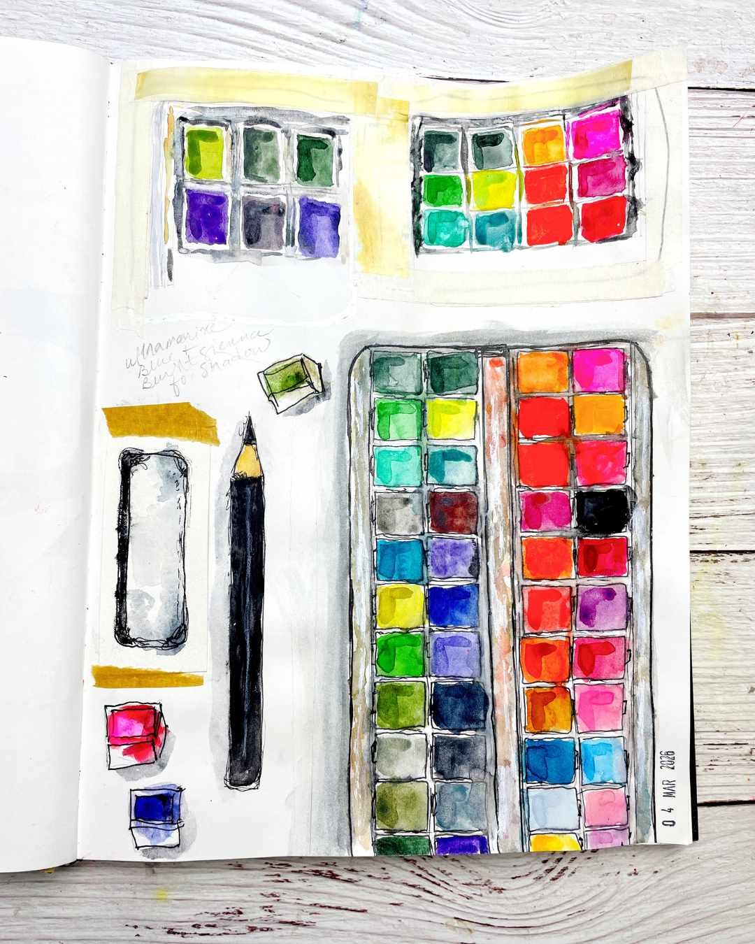 Colorful Watercolor Set Illustration With Pencil And Test Samples
