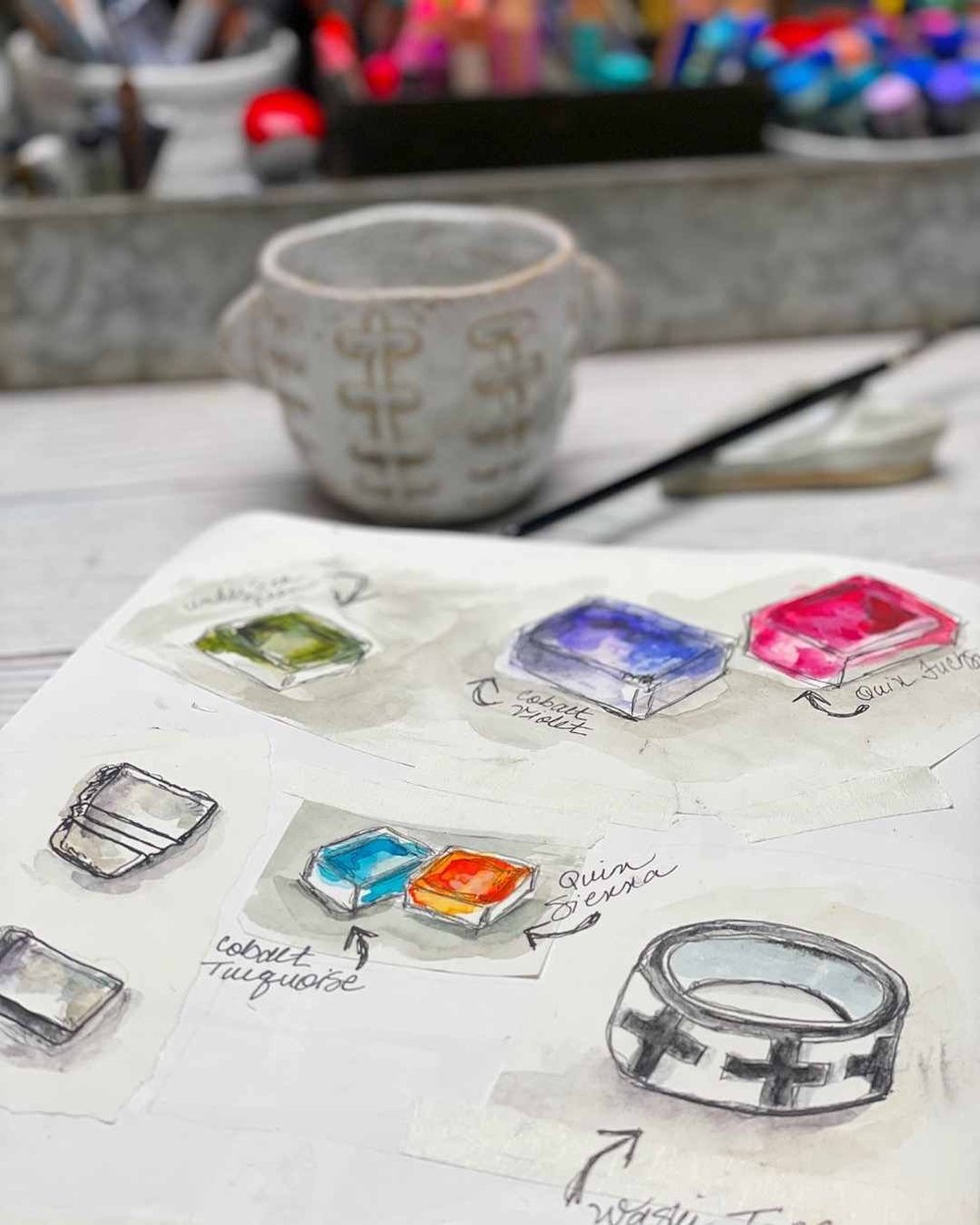 Watercolor Swatch Studies With Ink Sketches And Color Notes