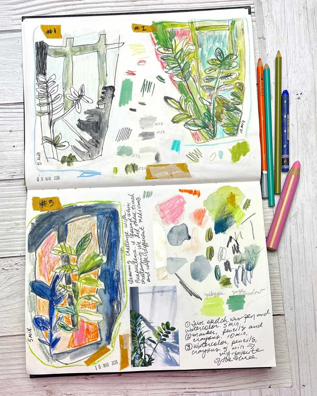 Creative Sketchbook Spread With Plants Color Swatches And Notes