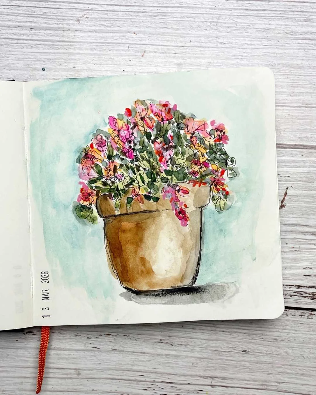 Watercolor Flower Pot Sketch With Soft Pink Blooms And Green Leaves