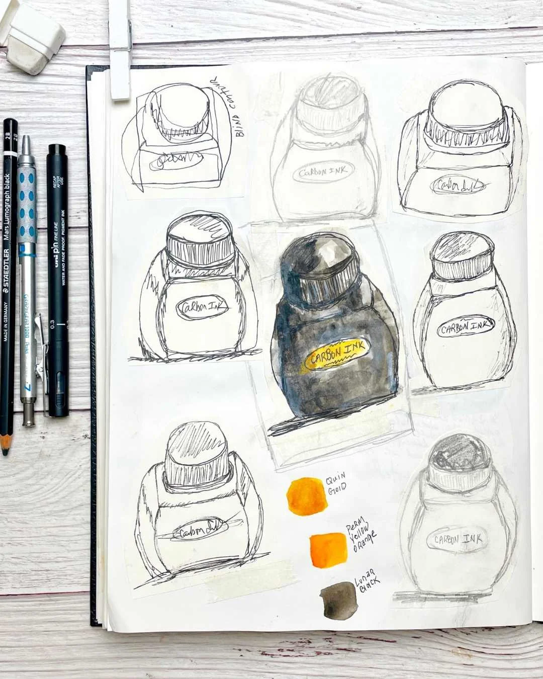 Day 21 Carbon Ink Bottle with Watercolor and Color Swatches
