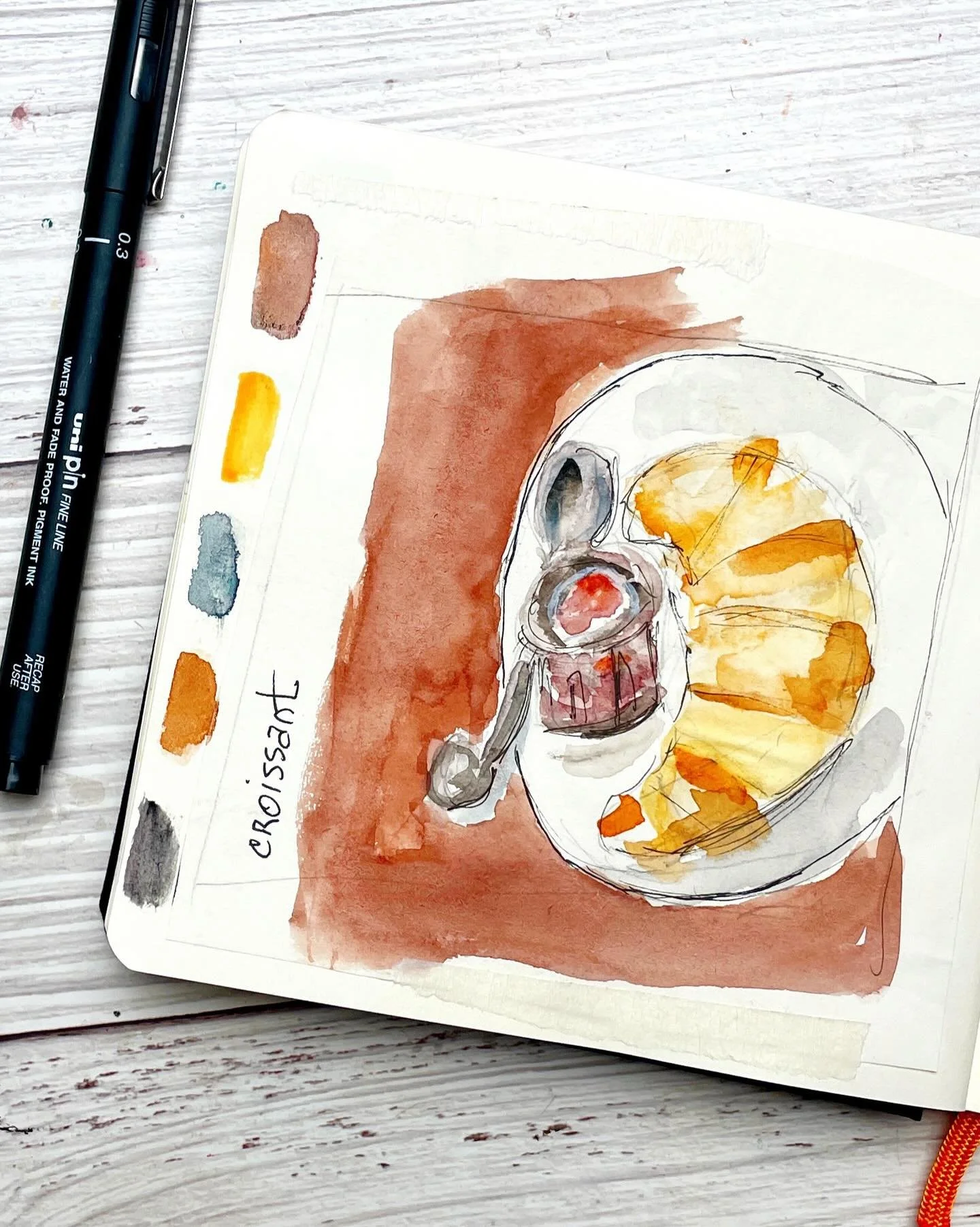 Day 30: Croissant on a plate with a jelly pot and spoon.  My hubby was like, &ldquo;What is that thing&rdquo;? 

Working through a new class with @amystewart on Skillshare.  She does a brilliant job explaining and working us through the process. 🥐

