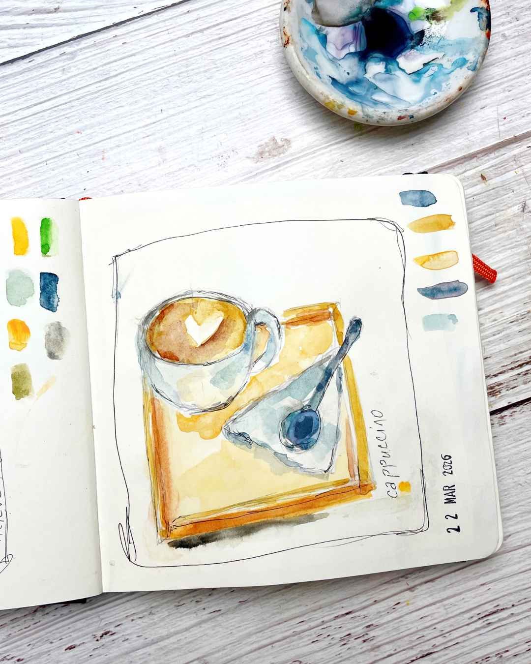 Day 29 Cappuccino and Pastry Watercolor Sketch