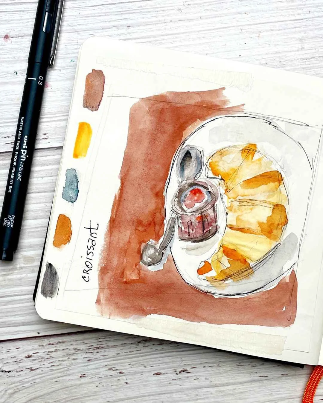Day 30 Croissant and Espresso Mixed Media Sketch