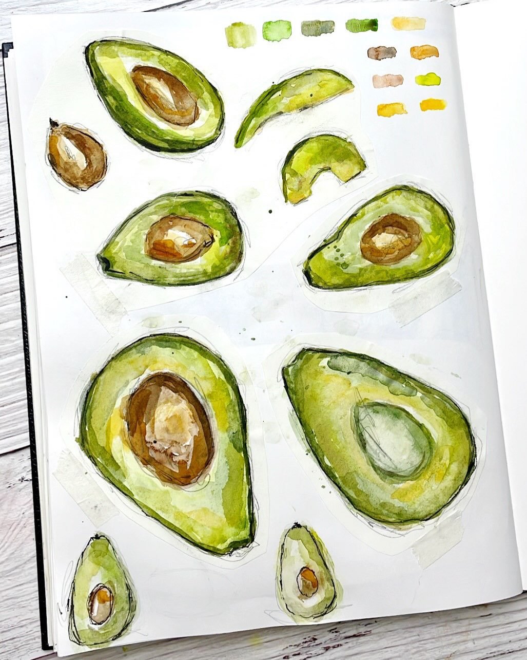 Avocado sketches with pen, pencils and watercolors - Day 35

100 Days of Creative Drifting: a Sketching Practice #dothe100dayproject

#sketchbook #sketching #artjournal #mixedmedia