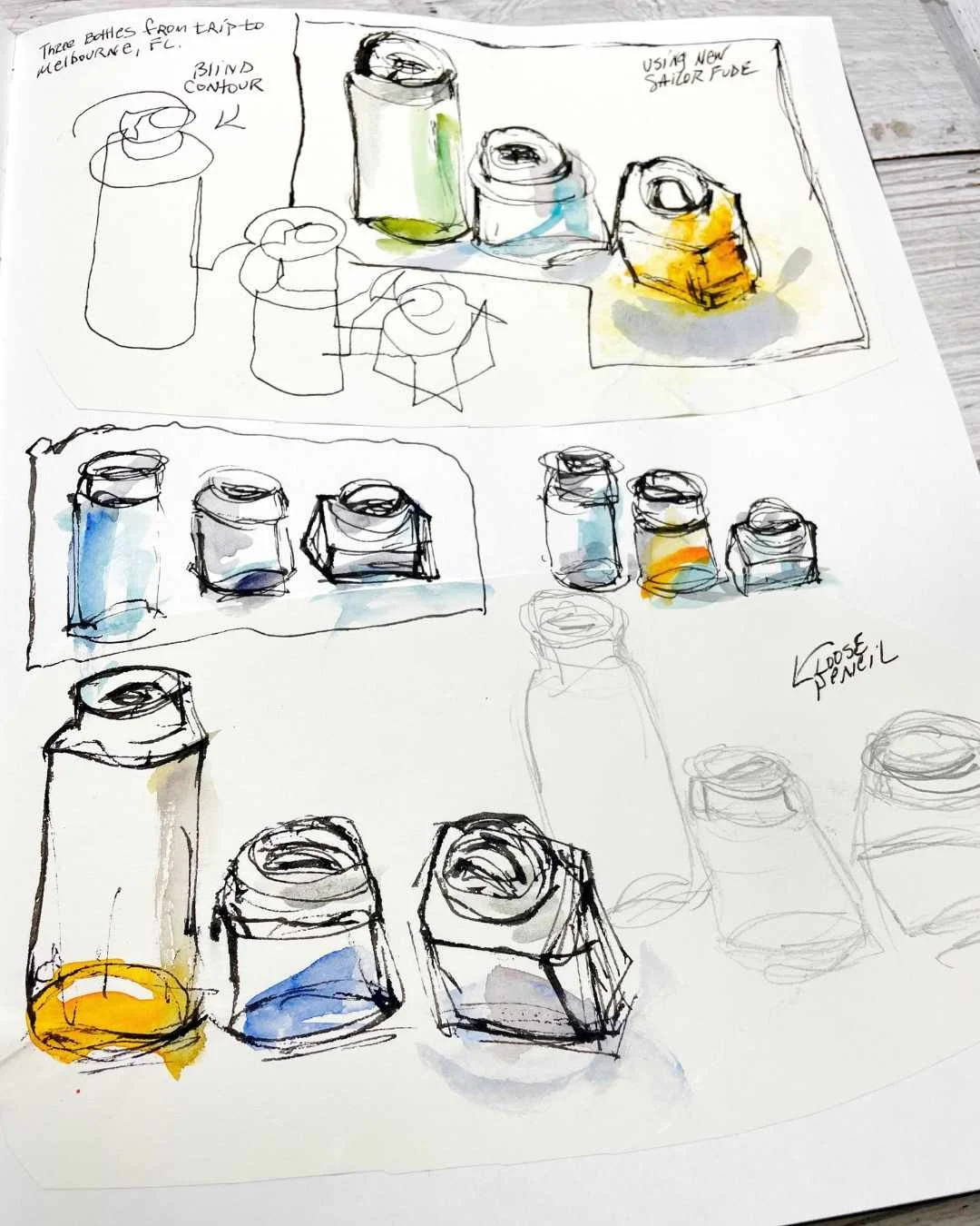 Sketchbook Bottle Studies with Blind Contour and Pencil Practice