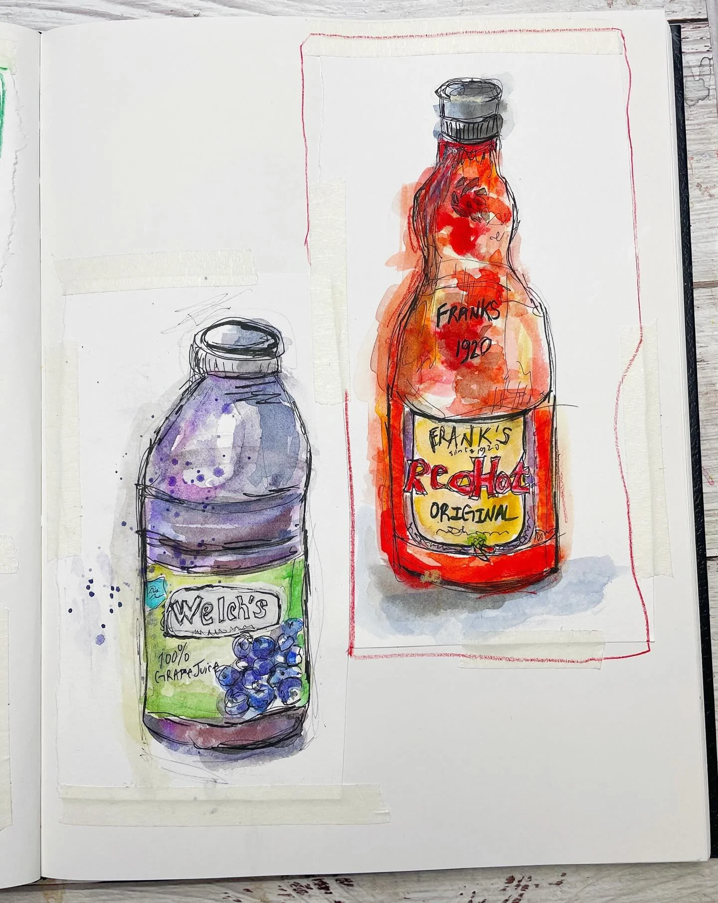 Sketching the Kitchen per @jennymuncaster. I saw Jenny&rsquo;s video and decided to give it a go.  I opted for watercolor for mine. Days 39 and 40 of The 100 Day Project...me trying to learn a new skill. 😊 🍇

So, I guess the hot sauce is pretty hot