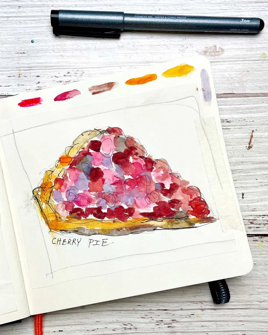 Cherry Pie Watercolor Sketch with Ink and Loose Line Detail