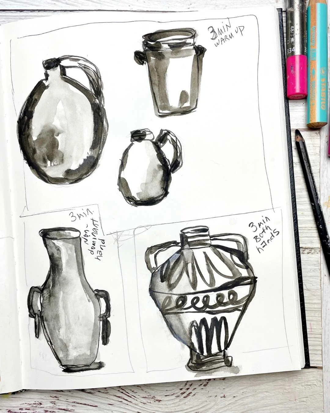 Loose Ink and Watercolor Vase Studies with Timed Sketch Practice