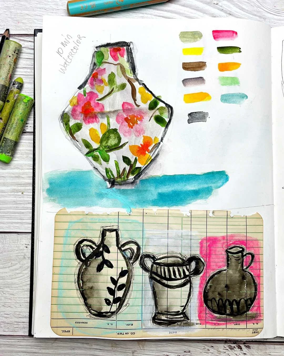 Floral Vase Watercolor Study with Color Swatches and Collage