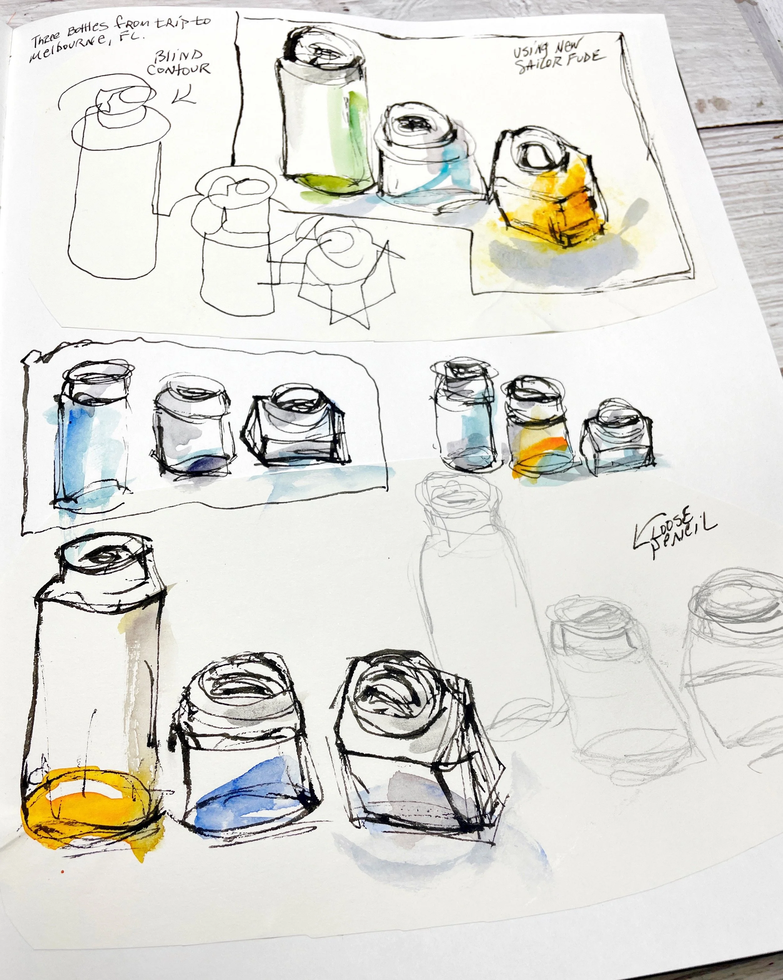 Loose Ink Bottle Drawings with Color Wash and Shape Study