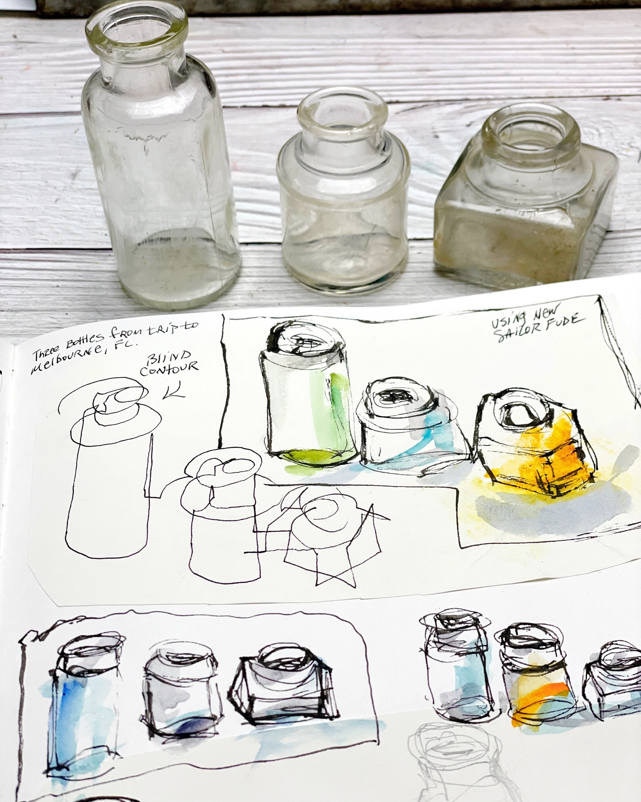 Glass Bottle Sketch Studies with Ink and Watercolor Practice