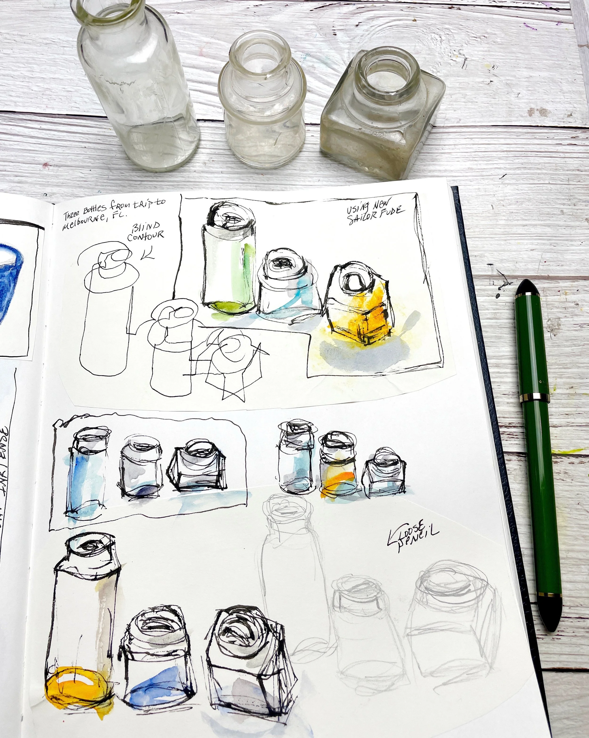 Sketchbook Bottle Studies with Blind Contour and Pencil Practice