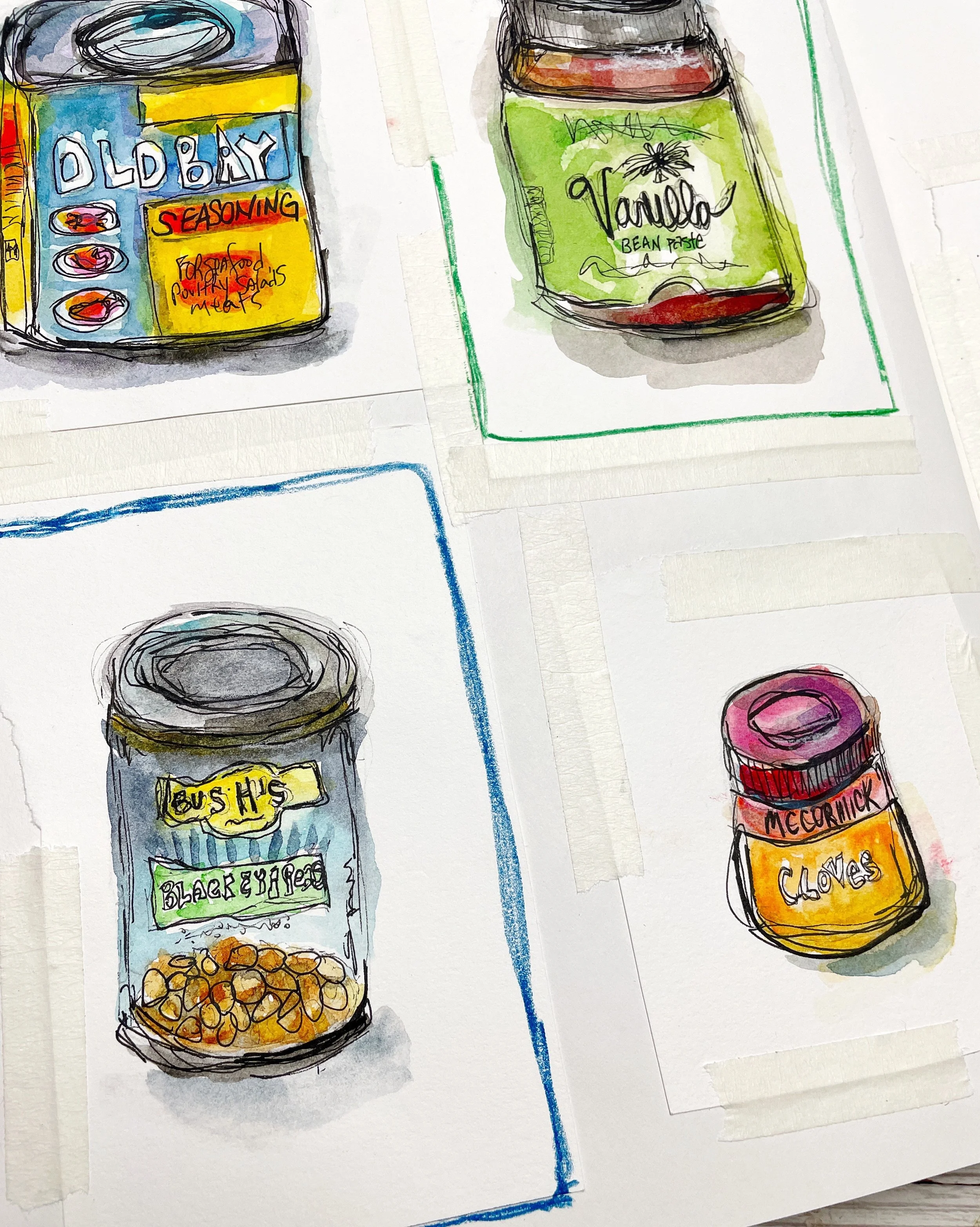 Mixed Media Food Packaging Sketchbook Page with Ink and Watercolor