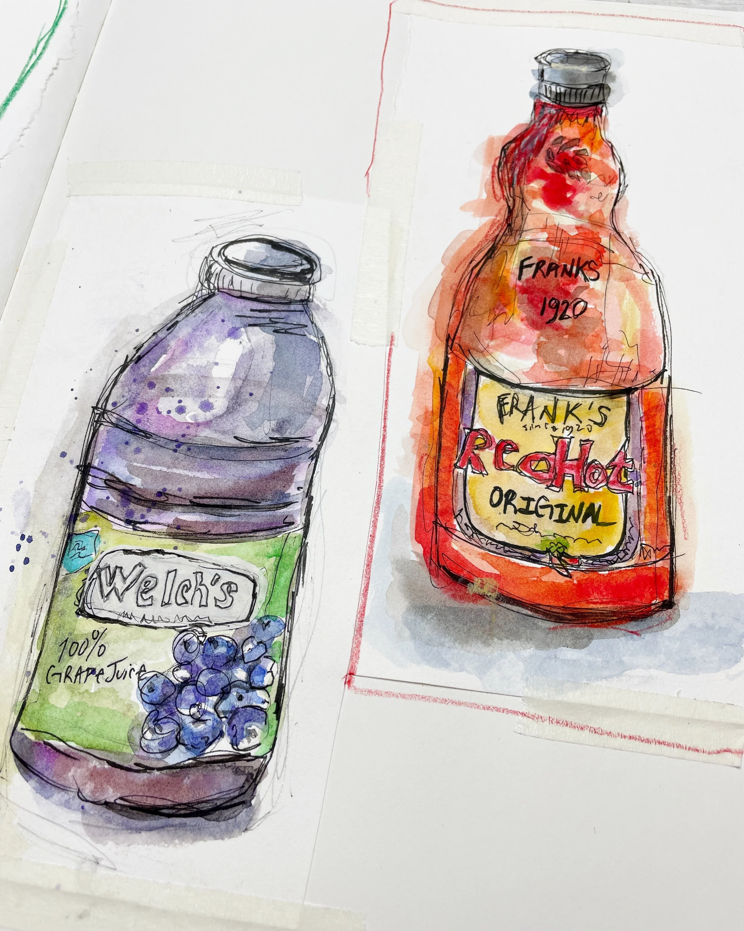 Grape Juice Bottle Sketch with Watercolor and Ink Detail