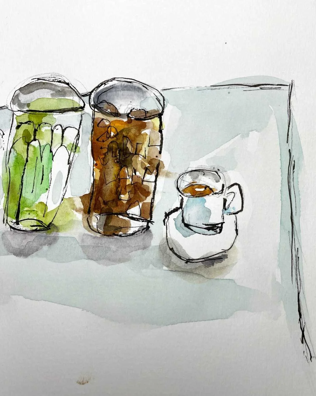 Close-Up Glass Bottle Sketch with Watercolor and Ink