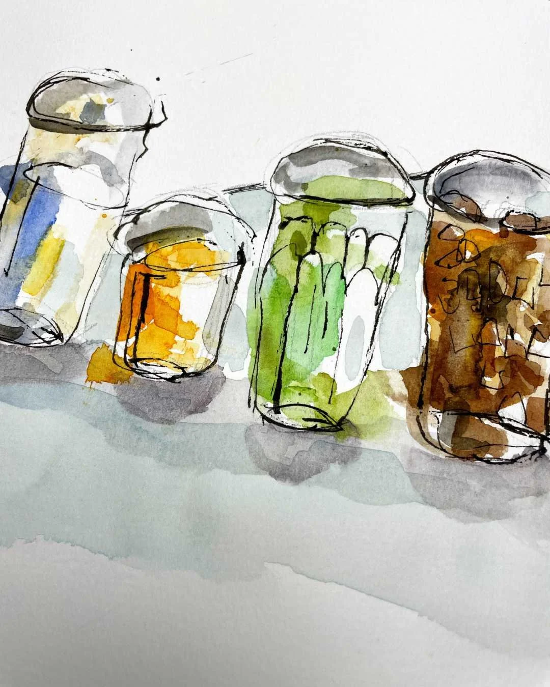 Glass Bottle Watercolor Studies with Ink Sketchbook Practice