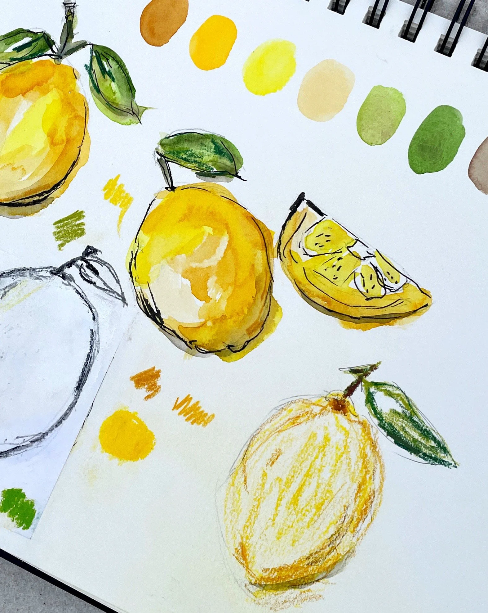 Close-Up Lemon Painting with Color Palette Swatches