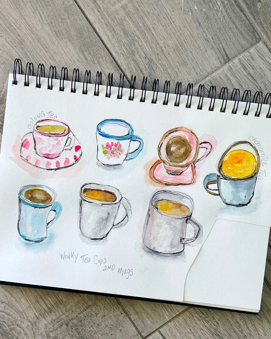 Wonky Tea Cups Sketch with Watercolor and Ink