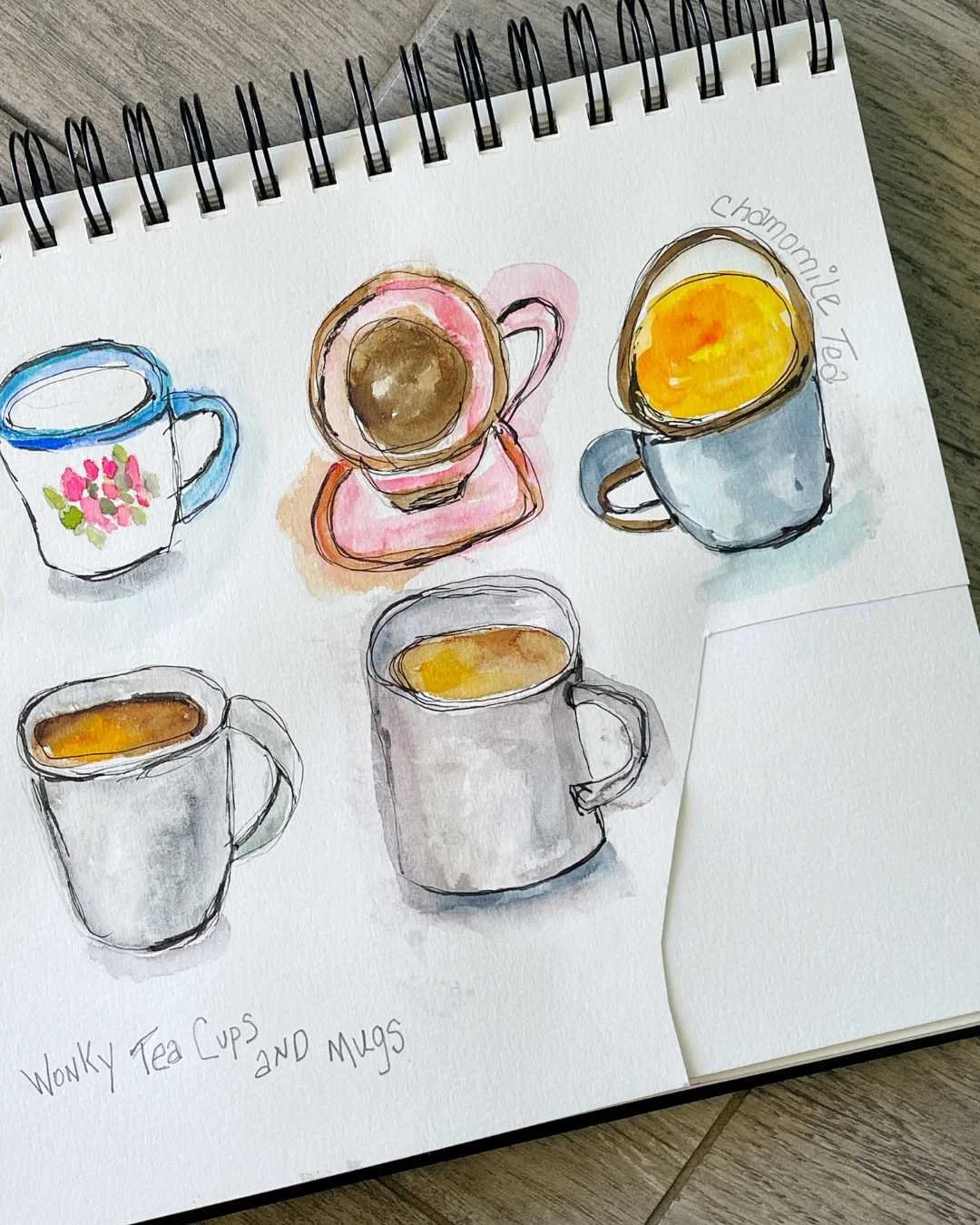 Sketchbook Page of Mugs and Tea Cups in Watercolor