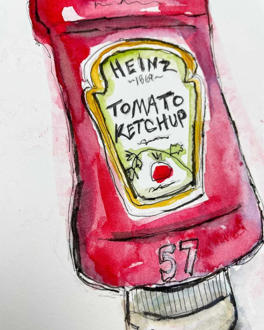 Tomato Ketchup Bottle Sketch in Red Watercolor