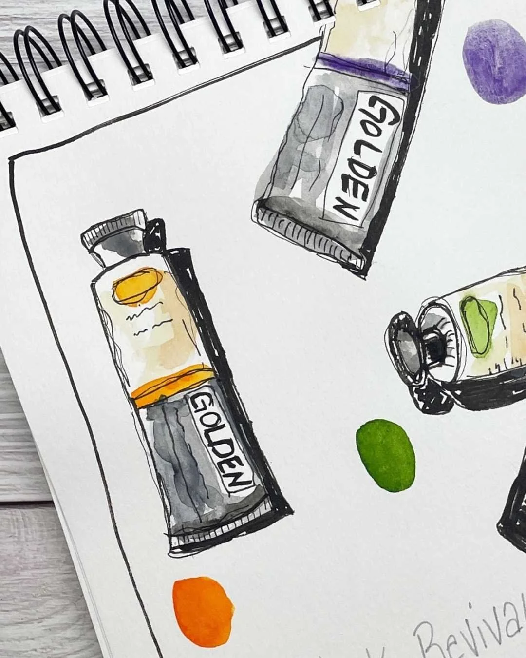Golden Paint Tubes Sketchbook Study in Ink and Watercolor