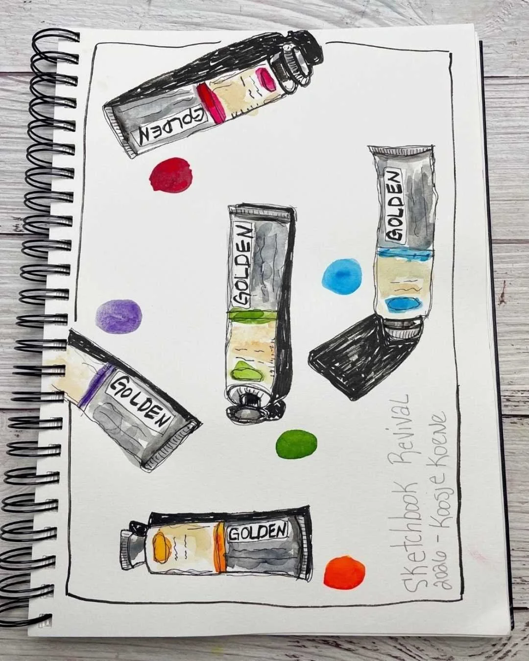 Sketchbook Page with Golden Paint Tubes and Color Dots