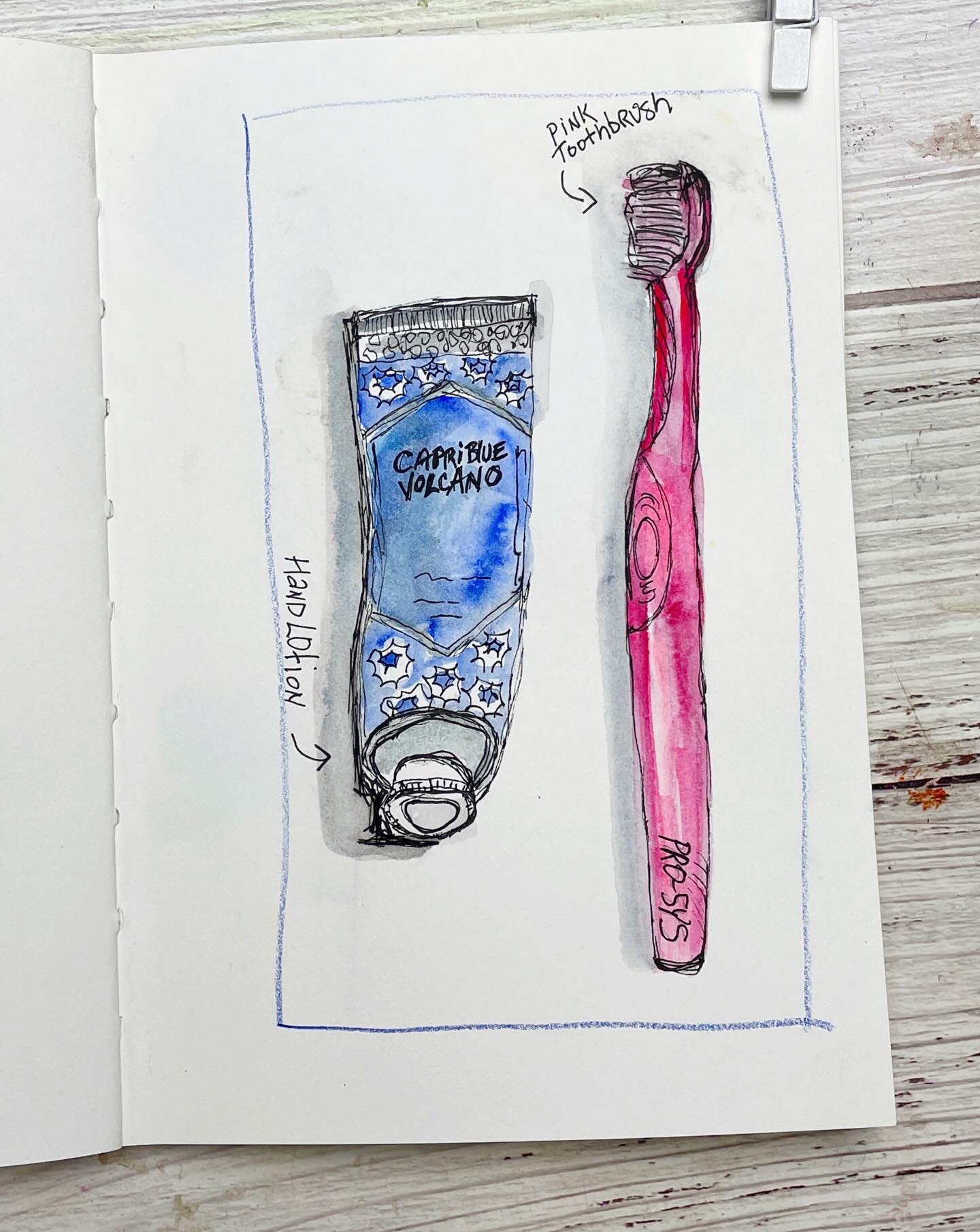 Hand lotion and toothbrush sketches for Days 53 and 54 with pen and watercolor. 🪥

100 Days of Creative Drifting: a Sketching Practice #dothe100dayproject #sketchbook #sketching #artjournal #mixedmedia