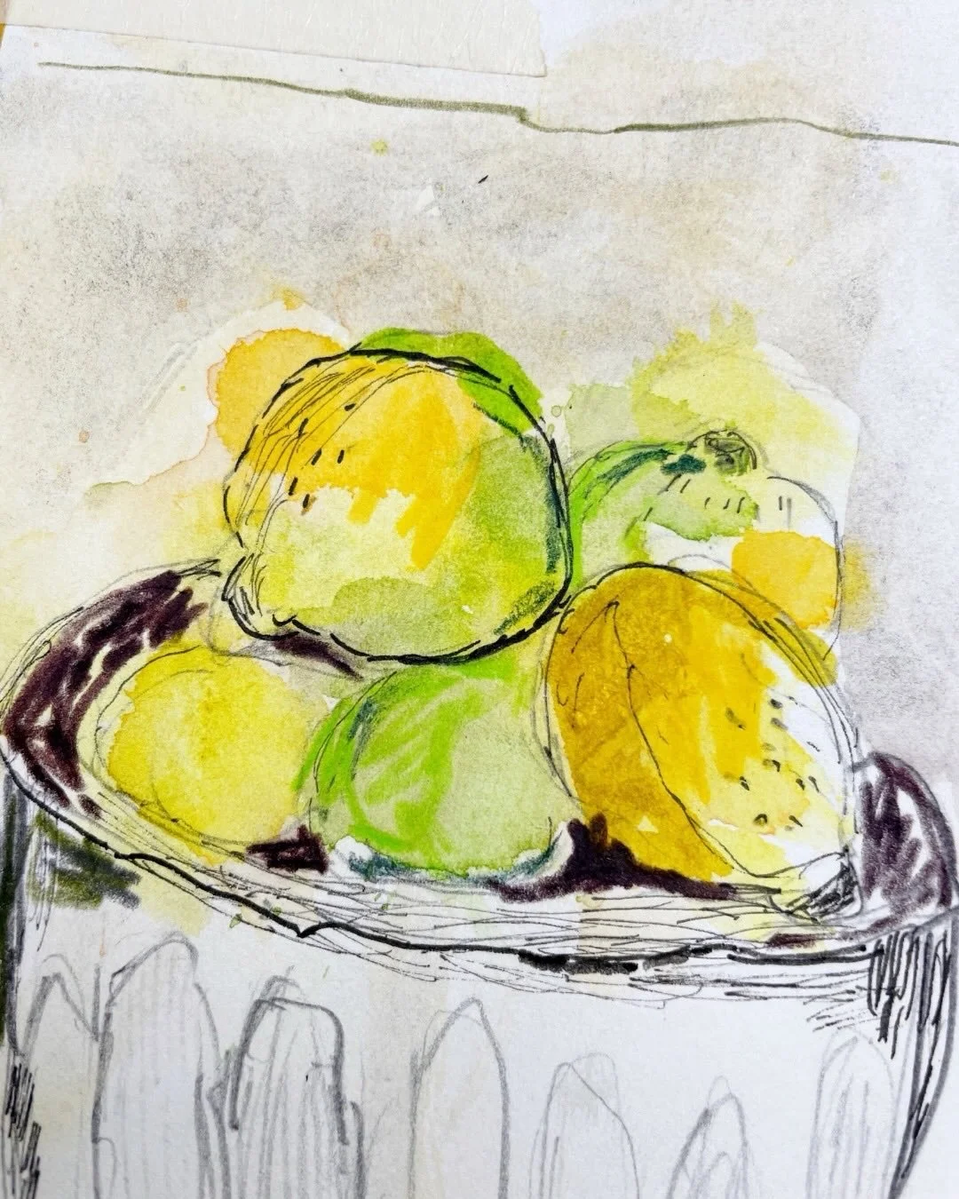 Lemons and limes in a new handmade sketchbook. Day 56 with pen, watercolor and colored pencils. 🍋&zwj;🟩🍋

100 Days of Creative Drifting: a Sketching Practice #dothe100dayproject #sketchbook #sketching #artjournal #mixedmedia