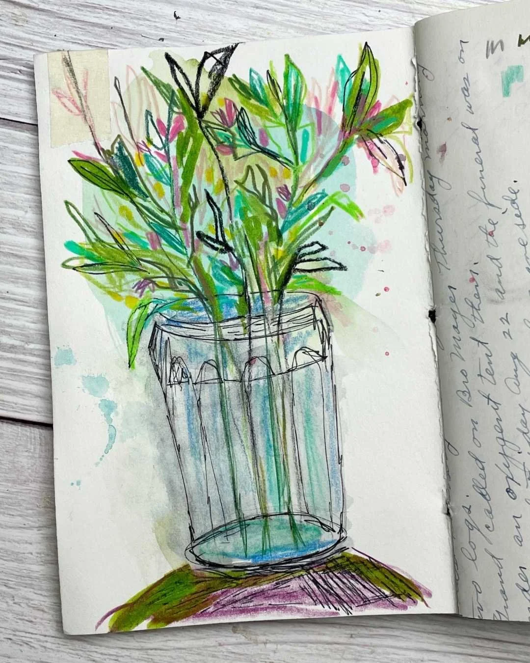 Floral Sketch in Glass Vase with Ink and Color