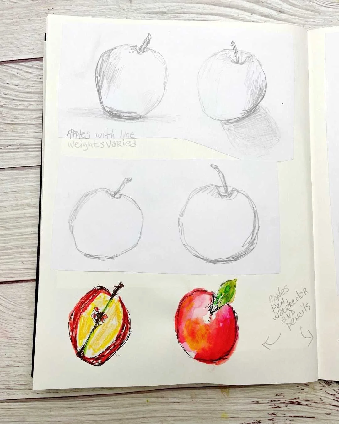Watercolor Apple Studies with Ink and Color Layers
