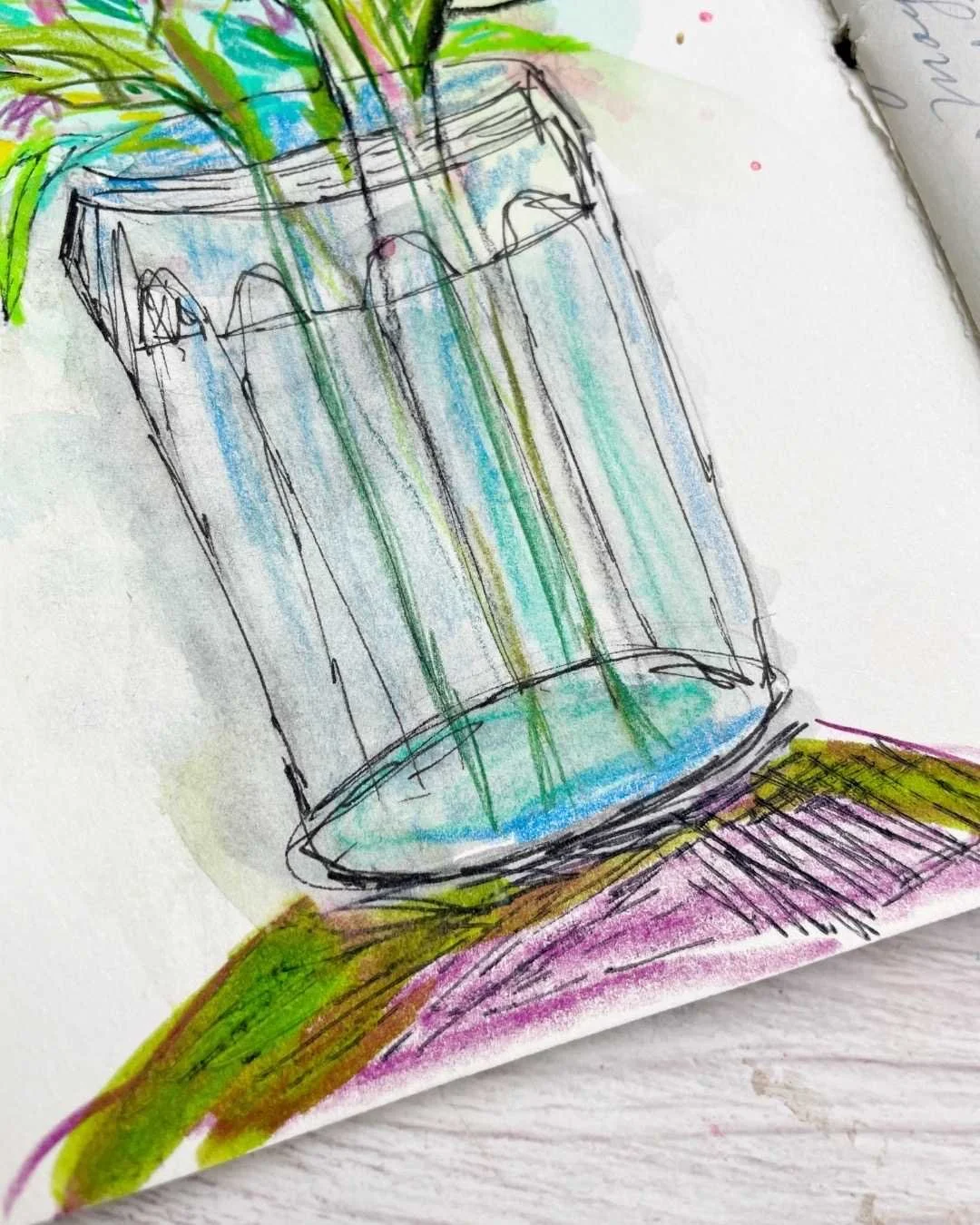 Expressive Flower Vase Drawing with Watercolor Layers